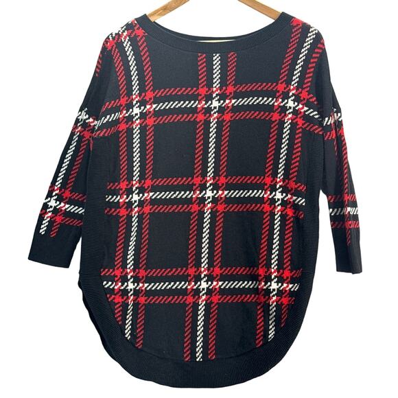Express 90s 3/4 Sleeve Black Red White Plaid Festive Holiday Sweater Women XS - Picture 1 of 7